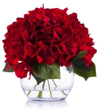 Enova Home Red Artificial Silk Hydrangea Fake Flowers Arrangement in Clear White Vase with Faux Water for Home Wedding Decor