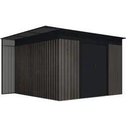 WASABI Gartenhaus 8,96 m2 Robin – Holzoptik – seitlicher Holzlagerbereich – Schiebetüren