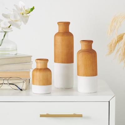 ARCILLA ELEMENTAL Brown Wood Colorblock Vase with White or Black Bases (Set of 3)