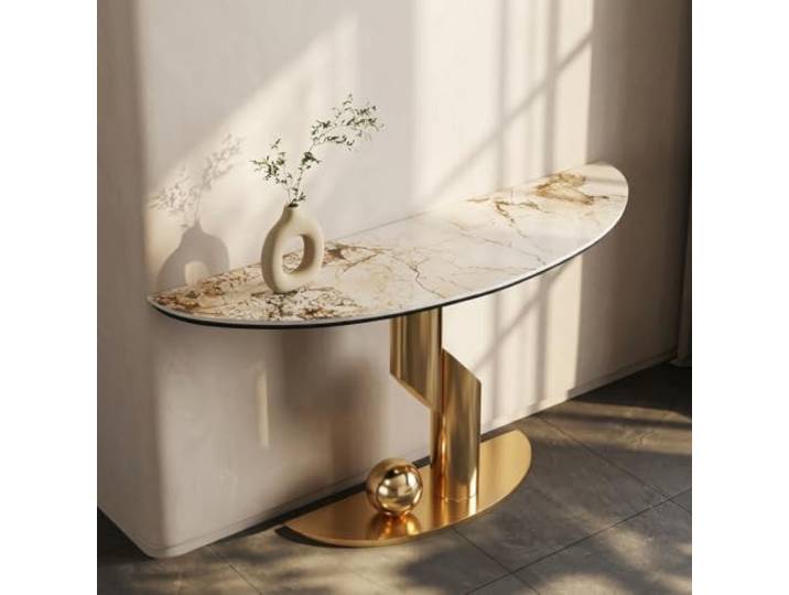 Weiwehome Moderner Konsolentisch, Sinterstein, Flurtisch mit Sensor-LED Sinterstein Oberfläche, Intelligentes Sensorlicht, Stabiler Metallrahmen, Moderner Flurtisch(Gold,55.1in*13.8in)