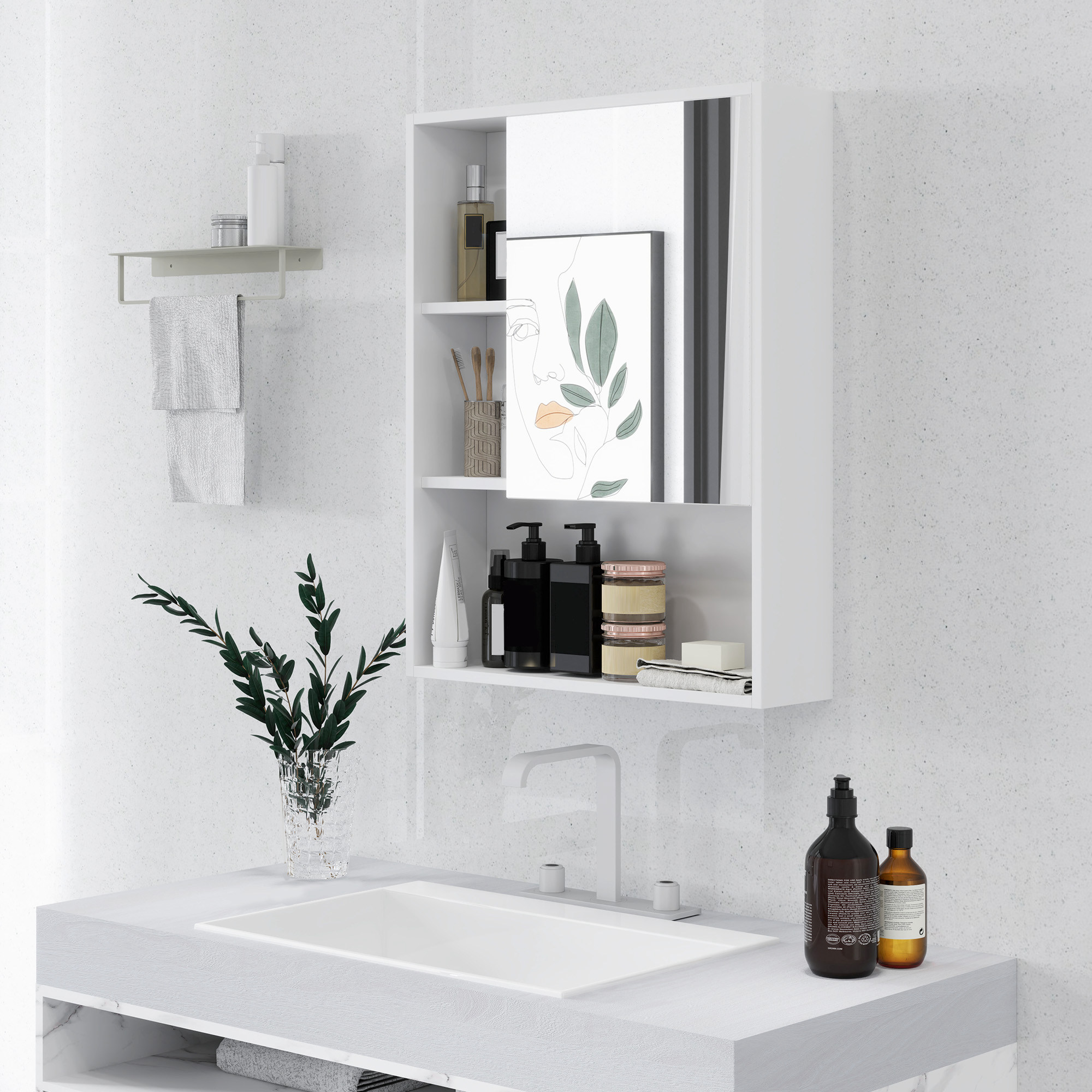 Kleankin Armadietto Bagno con Specchio, Ripiani e Scaffale Regolabile, Montaggio a Parete, 60x15x76cm, Bianco