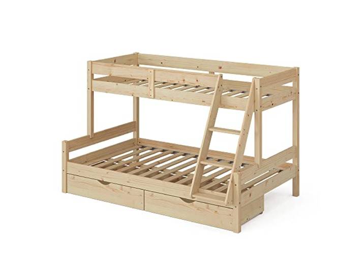 Vitalispa Etagenbett Everest , Naturholz 120x200 / 80x200 cm mit Schubladen, mit integrierter Treppe und stabilem Lattenrostsystem