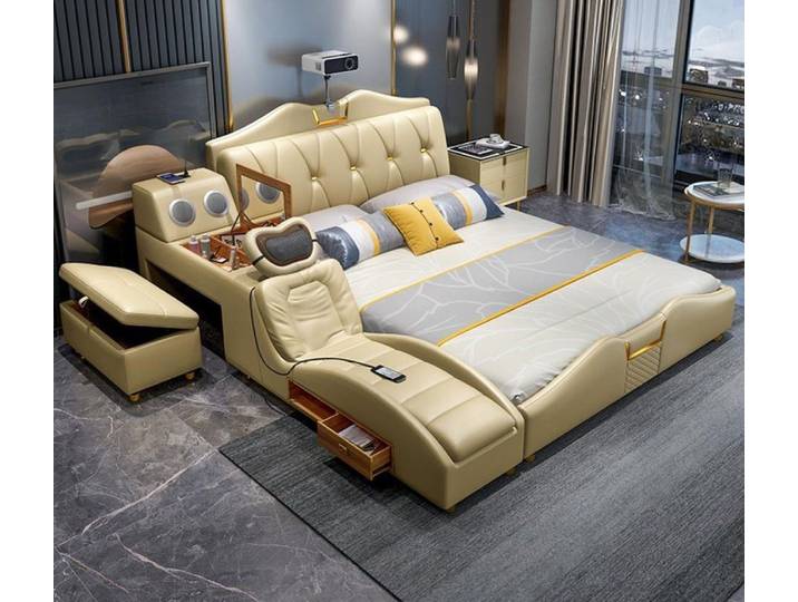 Xlmoebel Multimediabett Multifunktionales Polsterbett in Beige mit integriertem Regal (Multifunktionales Polsterbett, Multifunktions Bett), Hergestellt in Europa