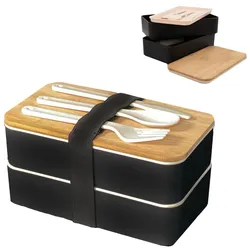 Intirilife Lunch Box Bento Box mit 3 Fächern und Besteck in Schwarz - 18.5. x 10.5 x 9.3 cm - Brotdose mit Messer Gabel und Löffel