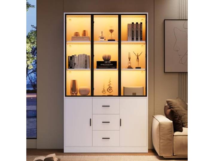 Merax Vitrinenschrank mit Glasfront und LED, Wohnzimmerschrank,Weiß Glasvitrine mit 13 Fächern, verstellbarem Einlegeboden und schmalem Design, 120 × 30 × 200 cm