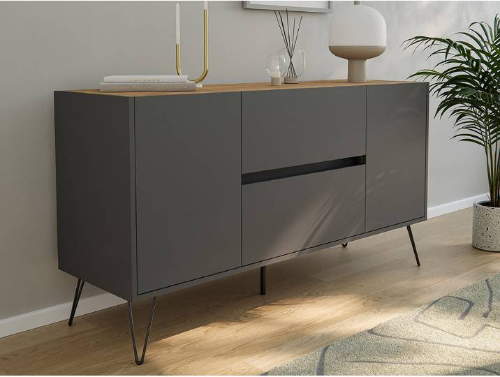 Enfilade Industrial avec porte & tiroirs 139 x 76cm Gris/Gris gaphite/Imitation chêne