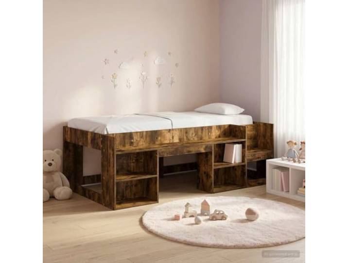 RJPLMFV Kinderbettgestell mit Einlegeböden, Eiche rauchfarben Langlebiges Holz, feste Lamellen, integrierte Aufbewahrung, modernes Design, einfache Montage