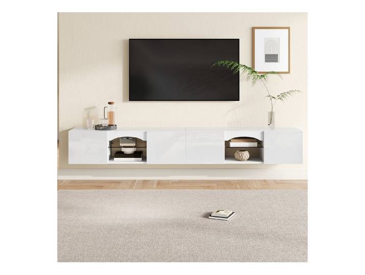 Celya TV-Schrank TV-Lowboard mit 4 Türen, 2 offenen Fächern, Glasböden (modernes TV-Möbel aus Spanplatte, LED-Beleuchtung mit App-Steuerung)