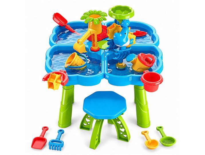 Relaxdays Wasserspieltisch Mehrfarbig mit Hocker, Mehrfarbig, Kunststoff, 58x58 cm, Freizeit & Co, Outdoor-Spielzeug