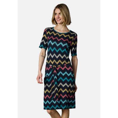 Sommerkleid RAGWEAR "Taggiana Print YOUMODO", Damen, Gr. XS (34), Normalgrößen, bunt (navy), Material: 95% Viskose, 5% Elasthan, tailliert knielang, Rundhals, Ärmel ohne Ärmelschlitz, Kleider Sommerkleid, Damen Midikleid mit Taillenband und Taschen