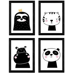 POSTER Set mit 4 Hypopotamos, Katze, Bär und Gesicht Tieren A4 Schwarzer Rahmen