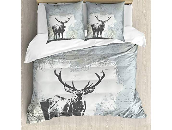 ABAKUHAUS Geweih Bettbezugs Set Für Doppelbetten, Hirsch Silhouette Grunge, Milbensicher Allergiker geeignet mit Kissenbezügen,Grau schwarz