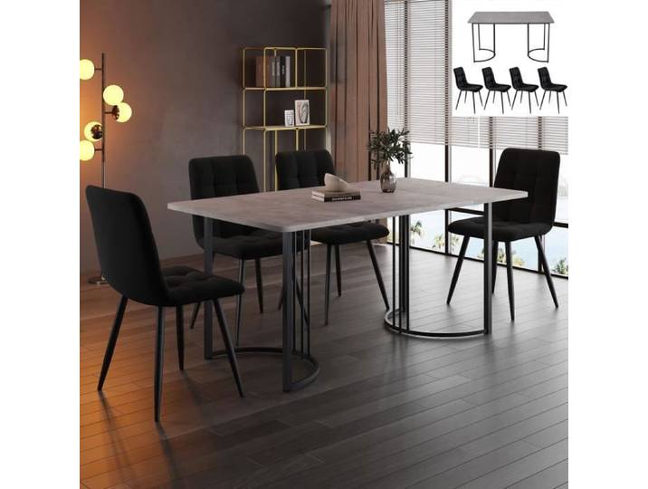 Table à Manger - Ensemble 4 Chaises - MDF - Velours - 140x80cm - Gris