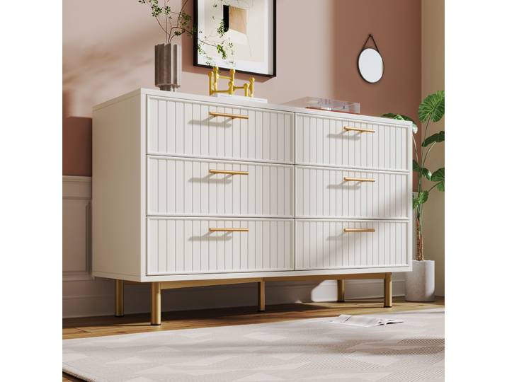 MODFU Kommode Sideboard mit 6 Schubladen, Schrank Nachttisch für Wohnzimmer, Schlafzimmer, Kinderzimmer, Jugendzimmer und Büro, Weiß