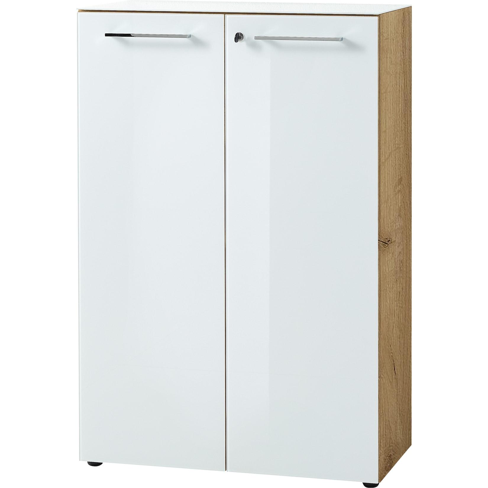 Aktenschrank "Muenchen" Glasfront Soft-Close Abschließbar, Chalet-Eiche-Nb./Weiß 80x37x120cm