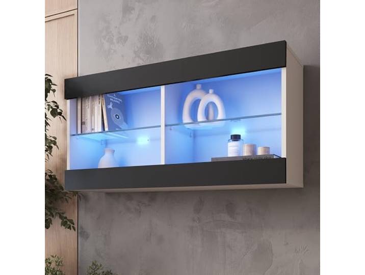 Komodee Vitrine Hängend Tivoli Horizontal A1 Schwarz/Weiß 100x50x29 cm Hängende Vitrine Tivoli Horizontal, Schwarz/Weiß, Breite 100cm x Höhe 50cm x Tiefe 29cm, LED Blau, 2 Regalböden
