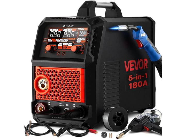 VEVOR Appareil de soudage MIG 150A 5-en-1 : soudage aluminium MIG\, soudage MIG avec gaz\, soudage à fil fourré\, MMA\, et soudage TIG par contact. Machine à souder portable pour atelier\, garage et bricolage\, avec technologie IGBT\, contrôle synergique\, modes 2T/4T/point\, et affichage numérique