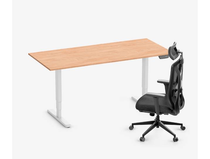 PRIMUS Schreibtisch + Stuhl VITA MESH Weiß Hoch, Sitzhöhe 52 - 64 cm 180x80 Buche