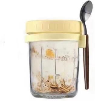 Inspired Finds High Value Oat Cup Transparent Glass With Lid, Spoon, And Scale, Multi Color Breakfast Cup beige