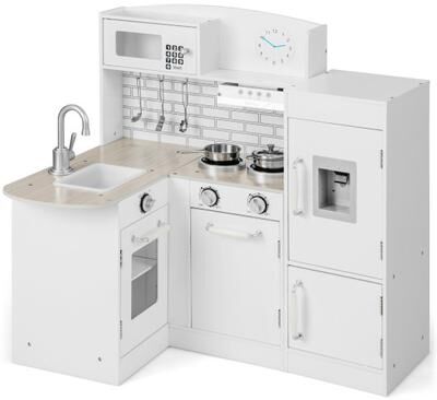 Costway Kids Kitchen Playset Conor Kitchen Toy with Realistic Microwave and Oven Stove-White
