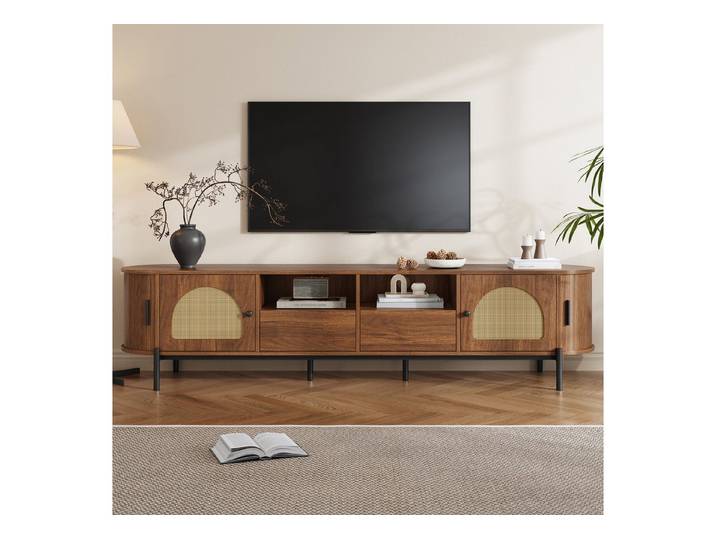 Celya TV-Schrank oval Rattan Schiebetüren Holzoptik (mit Türen und Schubladen, Metallbeinen, platzsparende Form) multifunktionaler Wohnzimmerschrank mit Stauraum