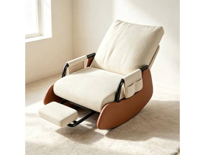 Schaukelsessel Modern mit Ausziehbarer Fußstütze Ergonomischer Schaukelstuhl mit ausziehbarer Fußstütze und Seitentasche für tägliche Entspannung.