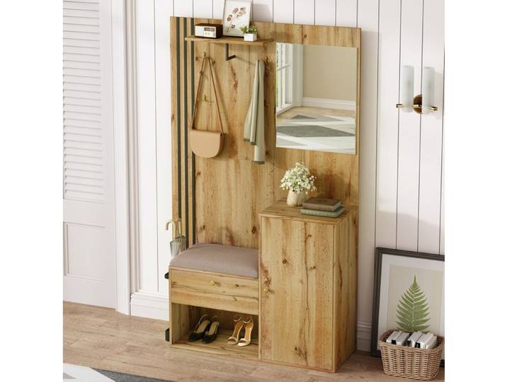 JOINERY meuble d entrée vestiaire rangement 115 x 37 x 185 cm MDF décor bois et noir avec miroir assise rembourrée