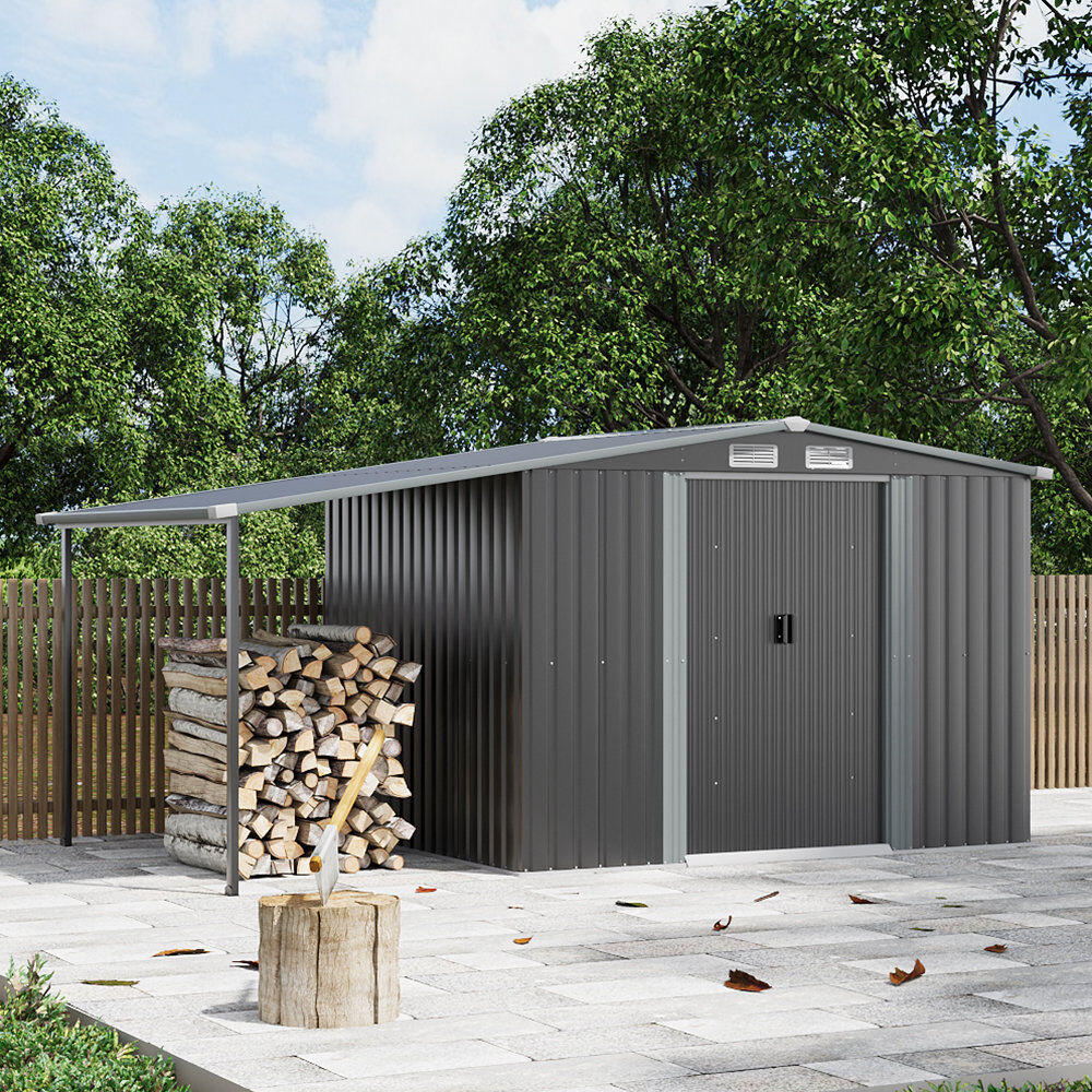 Living and Home Outdoor Metal Storage Shed with Lean-to Grey 248cm W X 207cm D X 178cm H