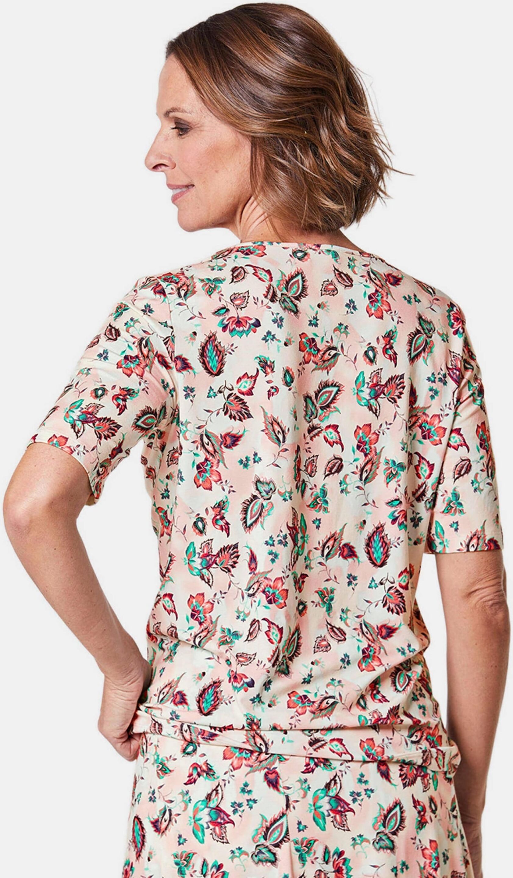 Print-Shirt GOLDNER "Druckshirt in kraftvollen Farben", Damen, Gr. 46, pink (dahlie, gemustert), Obermaterial: 96% Viskose CV. 4% Elasthan EL., Tubular, Shirts Print-Shirt, Mehrfarbiges Blätterdessin