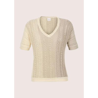 Longpullover MADELEINE "Strickpullover Ajourshirt mit Glanzeffekt", Damen, Gr. 36/38, weiß (perlweiß, cappuccino), Obermaterial: 76% Baumwolle CO. 19% Viskose CV. 5% metallisierte Fasern MTF., Modern, V-Ausschnitt, Pullover Longpullover, Dezentes...