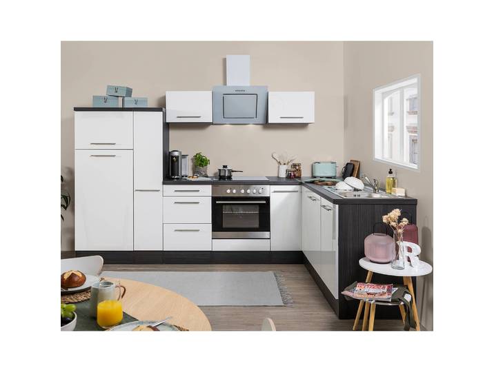 Cuisine d’angle Amanda I 290cm Blanc/Blanc brillant/Imitation chêne gris