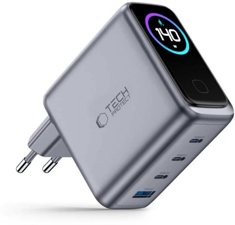 Tech-Protect 4-i-1 Hurtig Vægoplader 140W m. 1x USB-A og 3x USB-C PowerVision NC140W-GaN - Grå