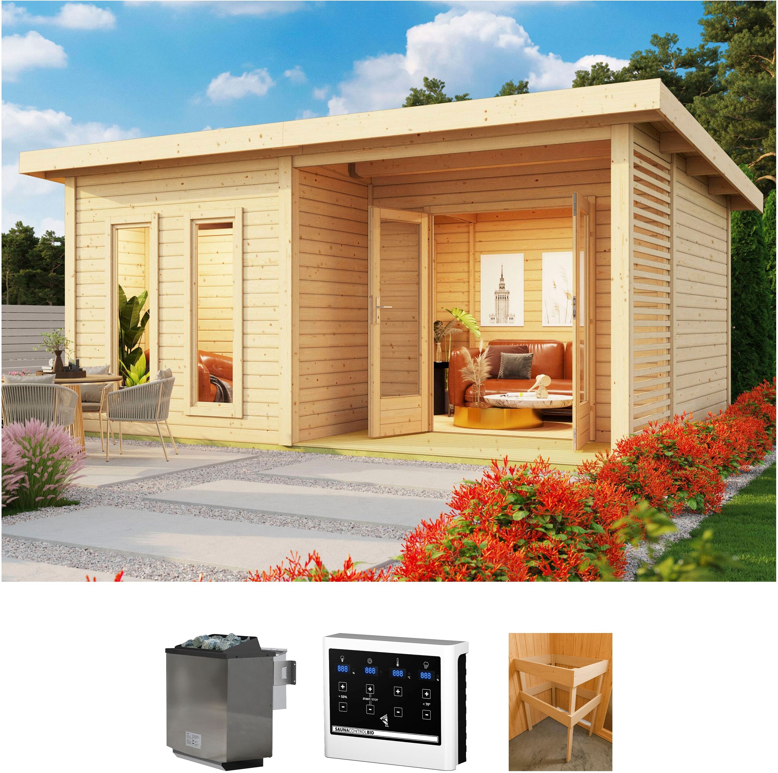 Saunahaus KONIFERA "Maiko 5 SET B", beige (natur), Bio-Ofen, externe Steuerung, 9 kW, Saunen, Ofen 9 kW Bio externe Strg easy