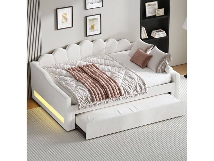 MEULVA Lit de jour rembourré 140 x 200 cm avec lit gigogne LED 7 couleurs tissu aspect lin beige