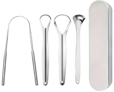 Inspired Finds PureClean Stainless Steel Tongue Scraper Set U Shaped Tongue Cleaner Kit (1 2 3 4 Piece In Case) 4pcs (iron Box)