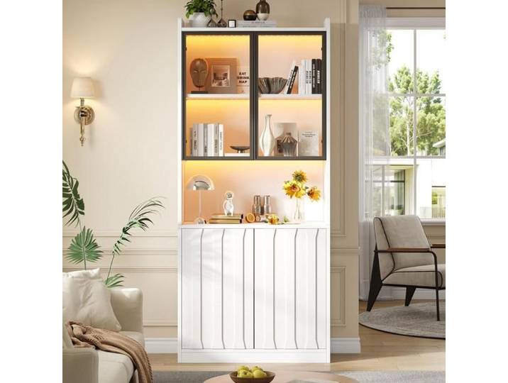Vitrine Blanche 80x35x200cm - Buffet vitré avec Portes en Verre et éclairage LED - Armoire Haute avec étagères ouvertest