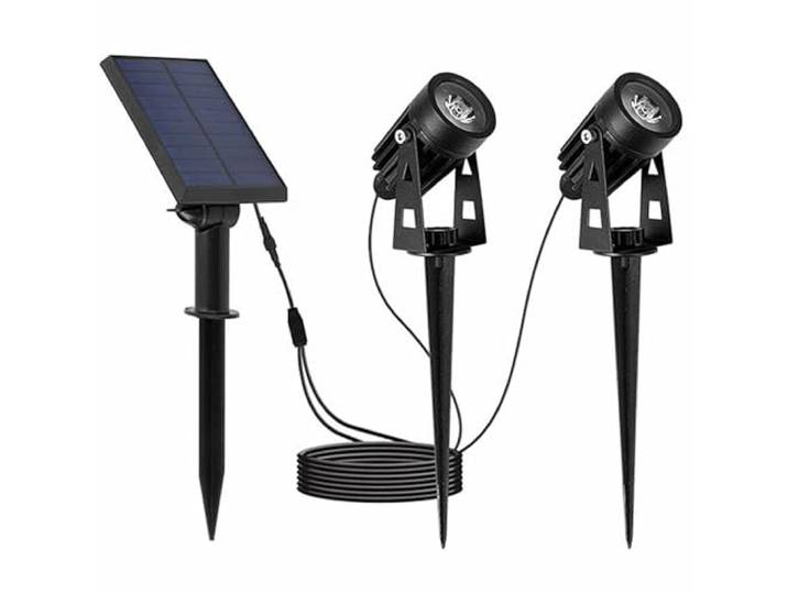 Lumisky Doubles spots solaires reliés avec panneau solaire déporté 2 en 1 à piquer ou à fixer éclairage puissant LED blanc froid 2x ROUNDY H27 cm