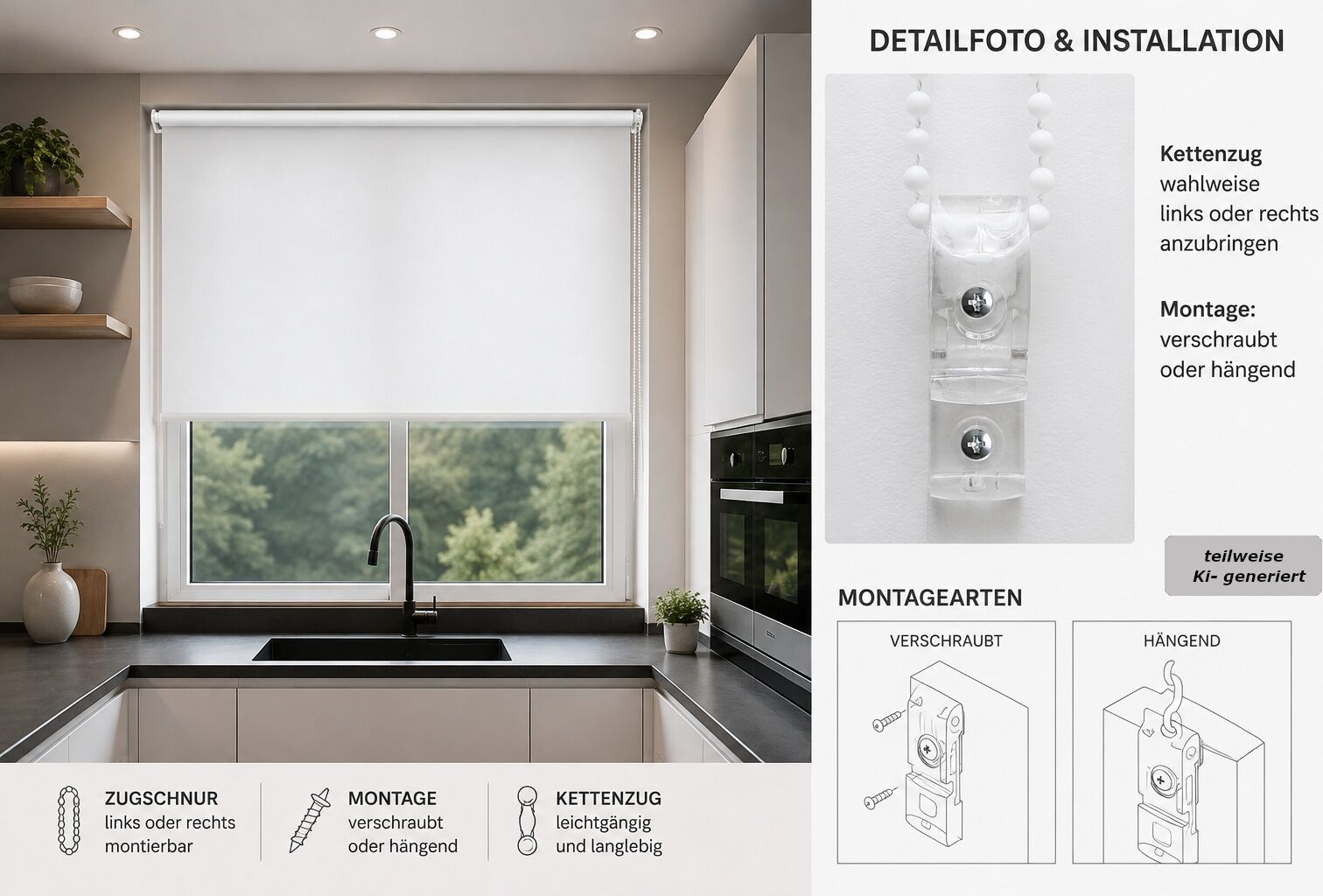 Seitenzugrollo INDEKO "Simply-Fix Klemmrollo", beige (champagner, weiß, weiß), B:100cm H:150cm, Polyester, Rollos, Seitenzugrollo, Verdunklung, Sichtschutz, UV-Schutz