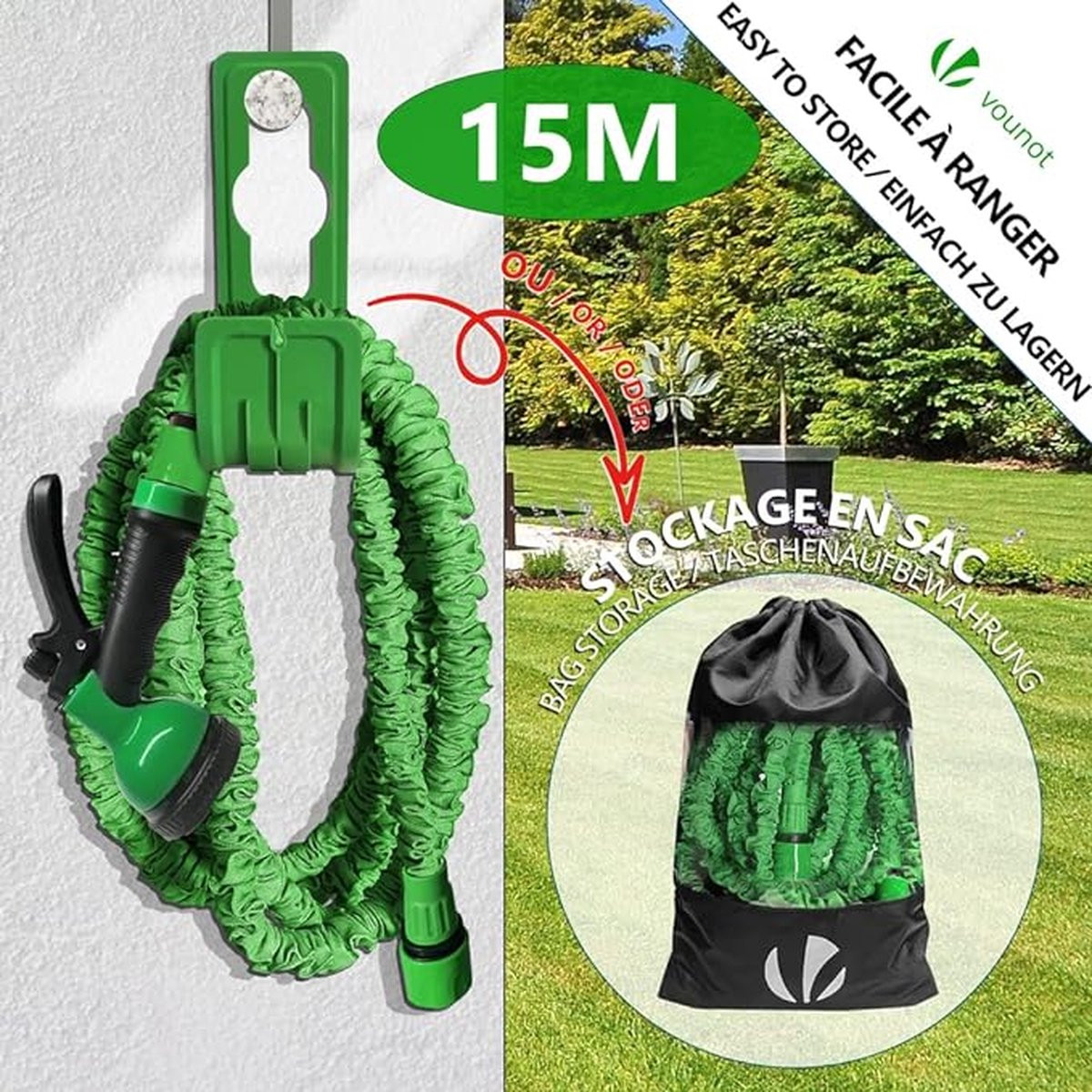 Groene professionele tuinslang van rubber en polyester, 15 meter, 1/2 inch, wandmontage