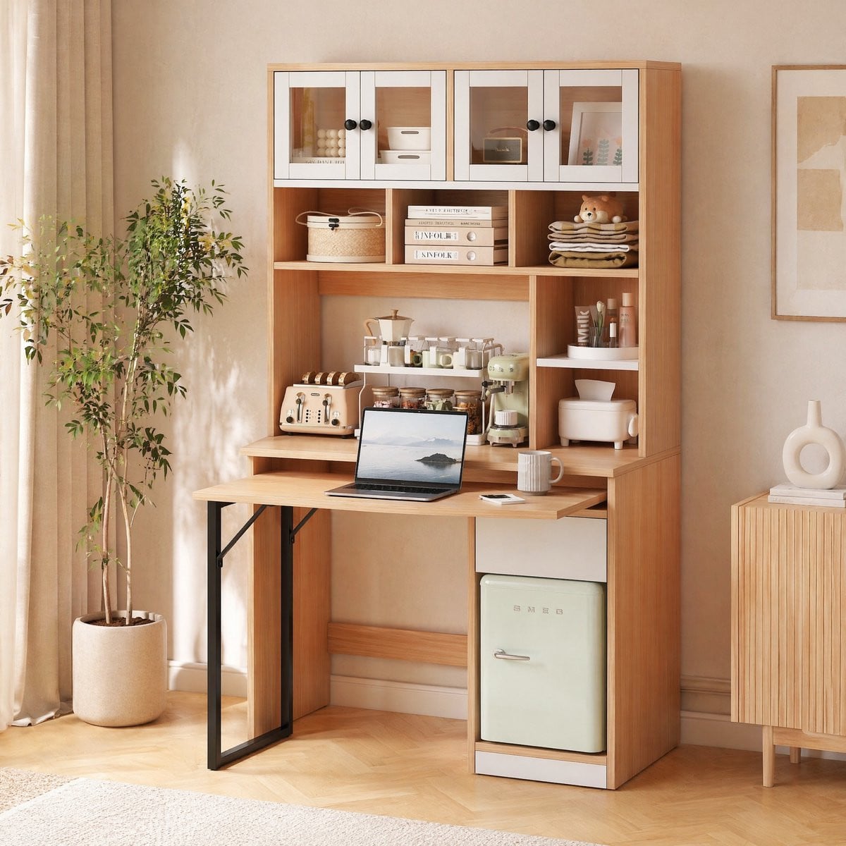 REDOM Bureau met kast en draaibaar werkblad, wit/naturel, 180 cm