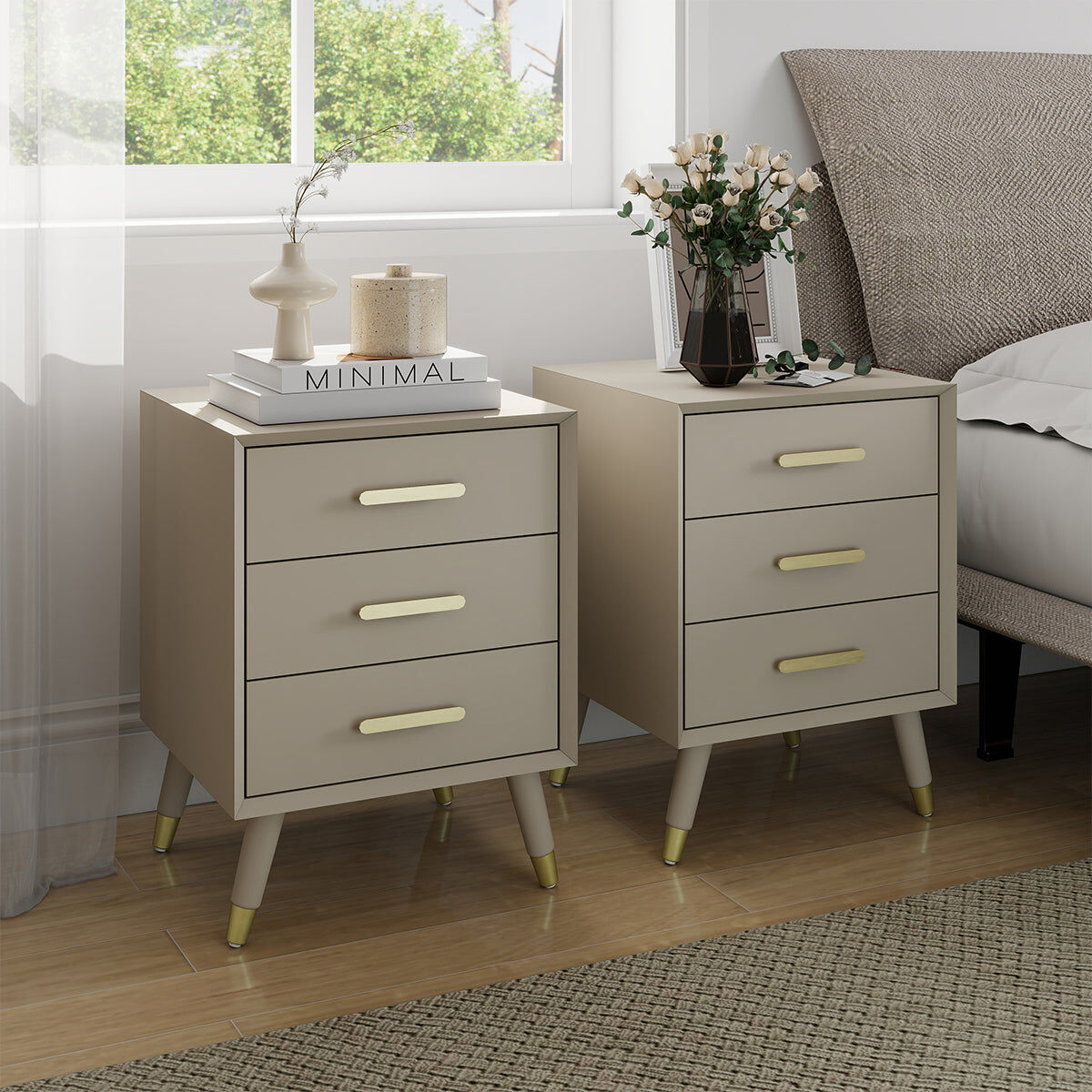 Pair of 3 Drawer Bedside Tables - Oslo Taupe Range Wood, Metal