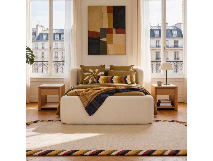 HABITAT - Ensemble lit 180 x 200 cm en tissu bouclette et matelas Hybride Excellence - Écru - Olbia