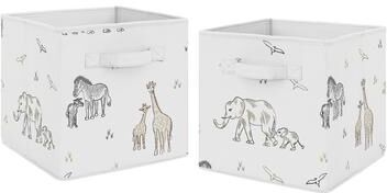 Sweet Jojo Designs Jungle Safari Animals Foldable Fabric Storage Bins Taupe Black and White Gender Neutral Elephant Wildlife Adventure Serengeti
