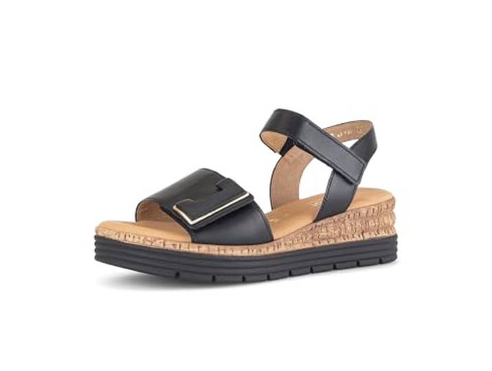 Gabor Damen Keilsandalen, Frauen Sandalen,Leichte Mehrweite (G),offene Schuhe,Strandschuhe,Keilsandaletten,schwarz (Uni+Gold),38 EU / 5 UK
