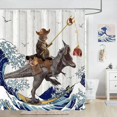 Uplift Essentials "Creative Kids ""Cat Riding Dinosaur"" Shower Curtain style 10 35 In X 71 In"