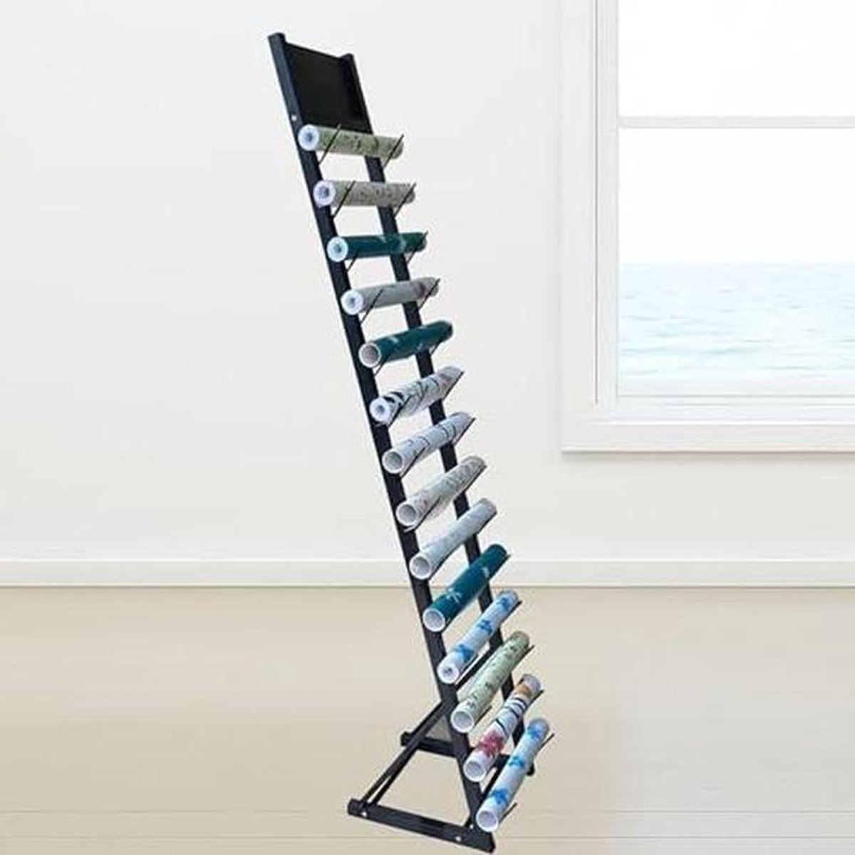 Stof Display Rek met Rol Opslag en Duurzaam Metalen Frame in Zwart