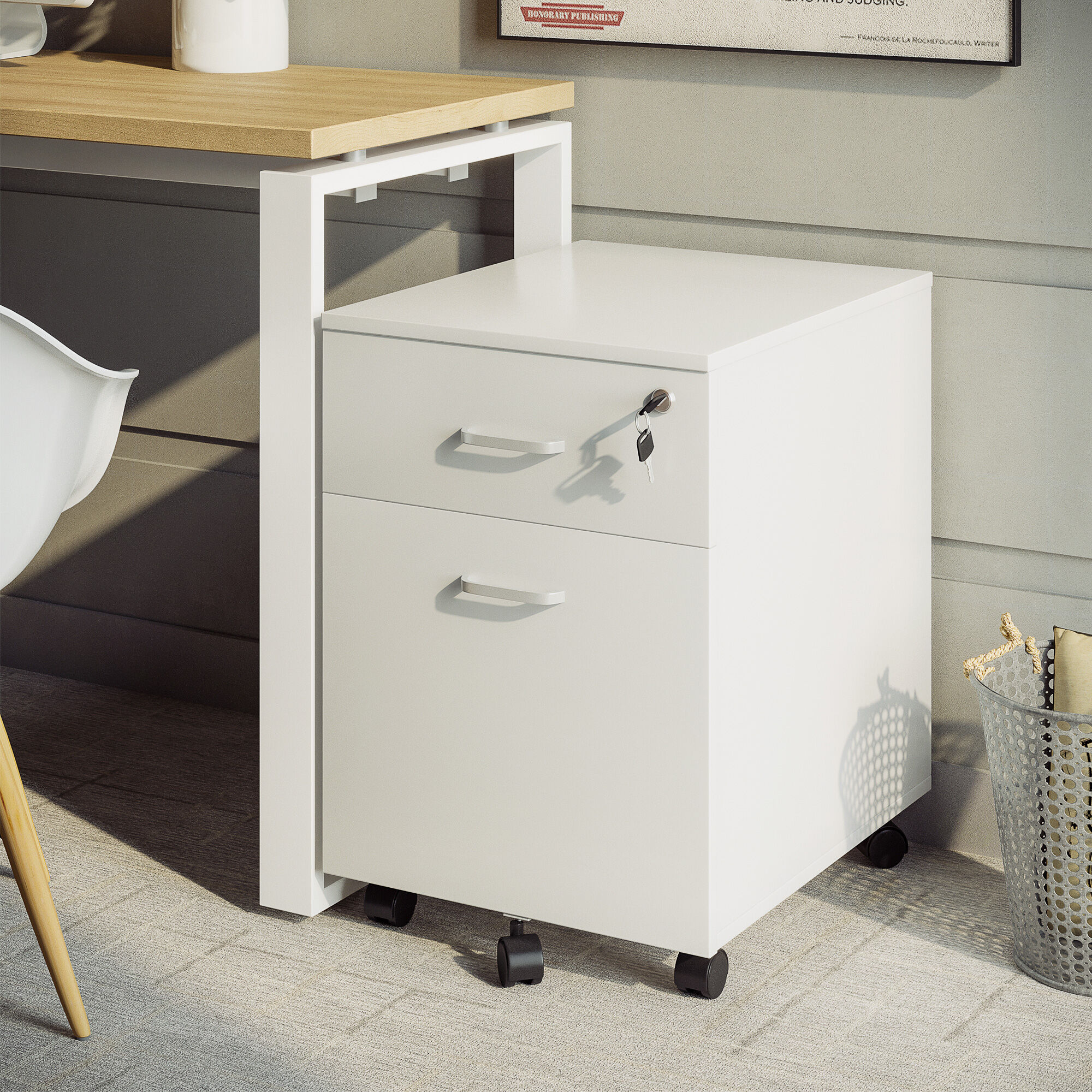 Altro Cassettiera Ufficio A 2 Cassetti Con Serratura E 5 Ruote, In Truciolato, 40x49x58 Cm, Bianco
