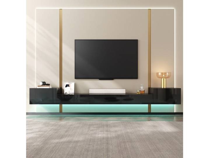 WUVRIE Meuble TV mural suspendu 245 cm noir brillant avec 5 portes LED multicolore et passe-câbles