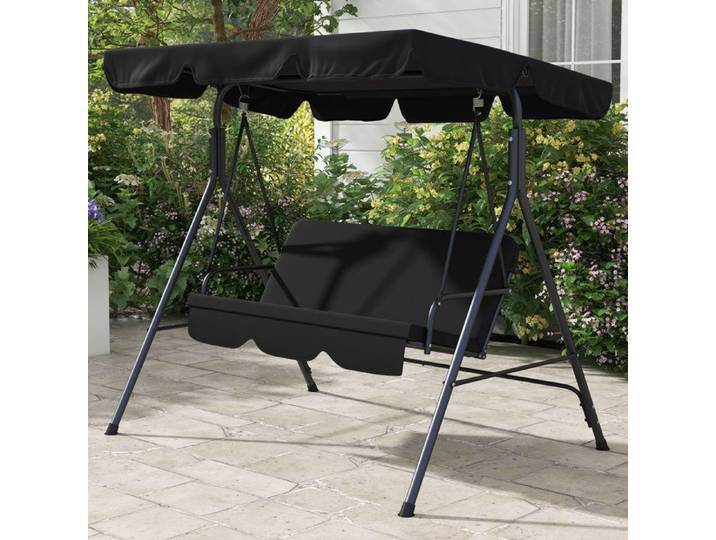 Balancelle de jardin - 3 places - Noir - Structure acier - Toit inclinable
