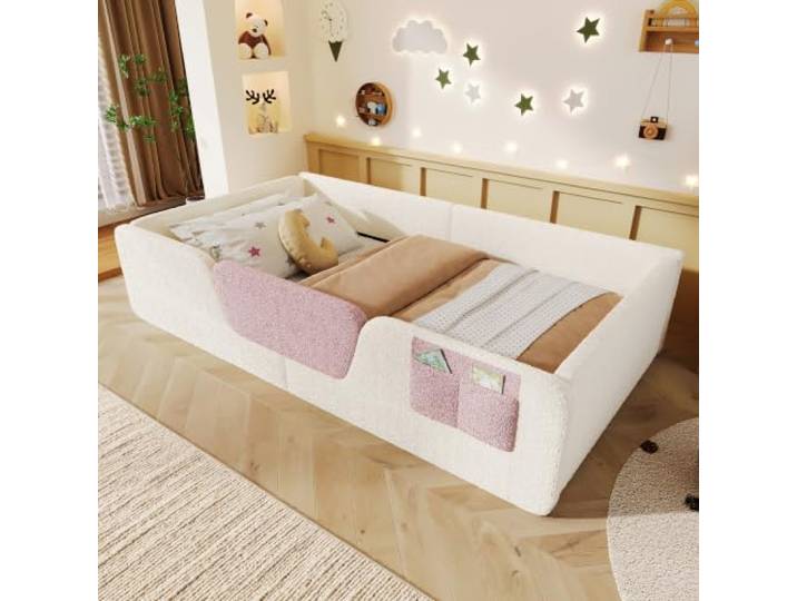 BTM Kinder Bodenbett 90x190 mit Sicherheitsgitter Beige Stofftasche zur Aufbewahrung, Samtstoff